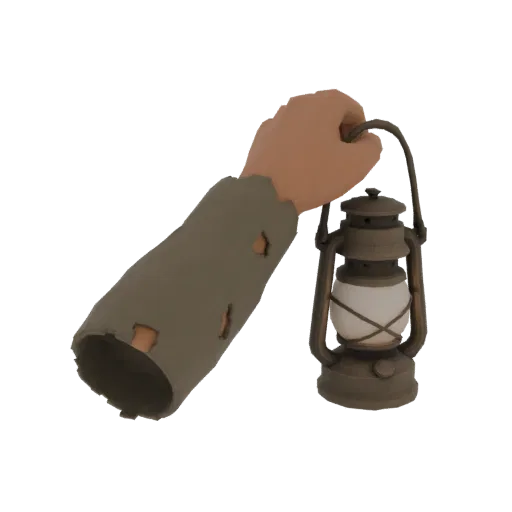 3D model of a tattered, worn sleeve holding an old-fashioned kerosene lantern with a soft glow.