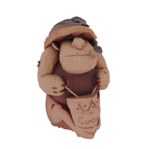 3D-Modell eines Troll-Charakters im Ton-Stil, der eine Trommel spielt, einen Hut trägt und Drumsticks hält.