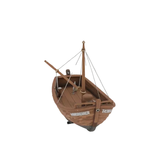 3D model of wooden WaveBreaker boat with mast and rigging, side view