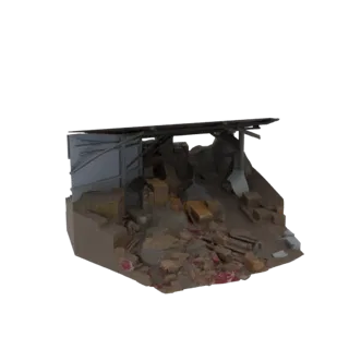 3D model of a destroyed building diorama with scattered rubble and broken wooden beams against a black background.