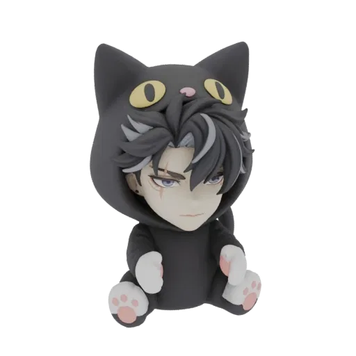 Modelo 3D de un niño chibi anime con sudadera de gato negro, sentado con expresión tierna.