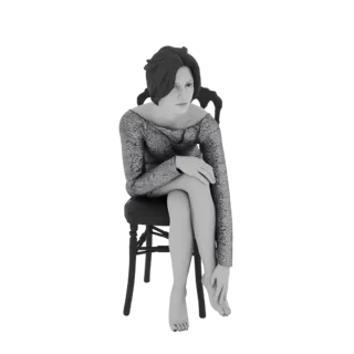 Modèle 3D d'une femme aux cheveux sombres, portant une robe chatoyante, assise pensivement sur une chaise sombre, les jambes