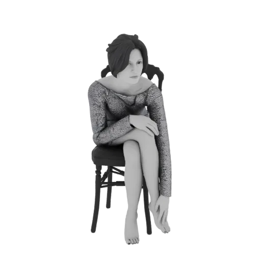 3D model of a woman with dark hair, wearing a shimmering dress, sitting pensively on a dark chair, with her legs crossed.