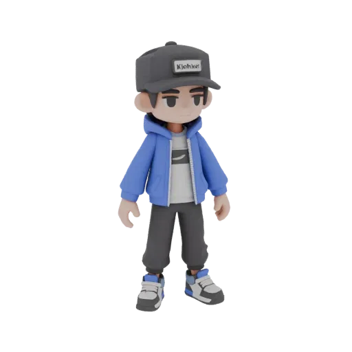 Low poly 3D anime character model in a blue hoodie and cap, stylized after rapper Kishlak.