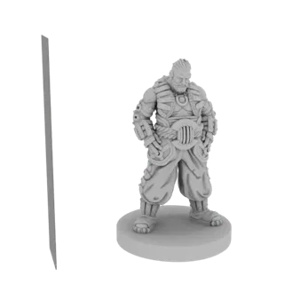 3D-Modell eines Cyberpunk-Schlägers mit detaillierter Rüstung, der auf einer Basis steht, in Graustufen gerendert.