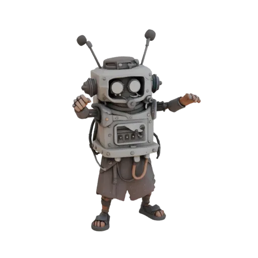 Modelo 3D de robô detetive com antenas e painel de controle em pose de maestro