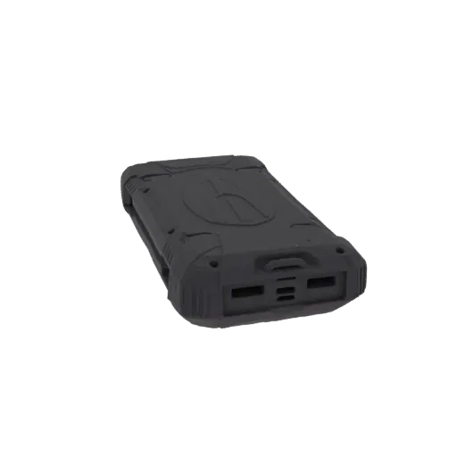 A 3D model of a rugged black power bank with visible ports and a textured casing, presented against a white background.