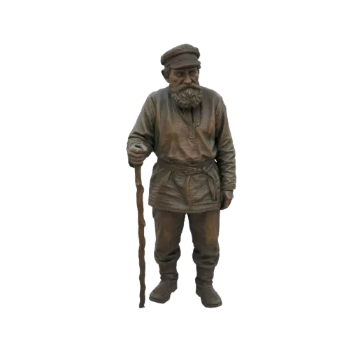 3D model of an old man with a long beard, wearing a cap and traditional clothes, holding a walking stick, rendered in a bronz