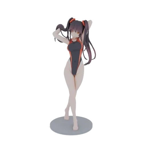 3D model of an anime girl with dark hair in pigtails, wearing a black and orange racing swimsuit, striking a confident pose o