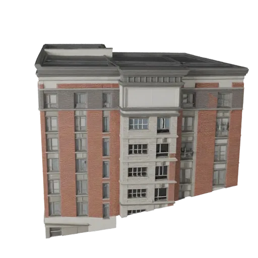 Residential Facade Unity-ready 3D model, Unity engine viewport, showing building facade materials and architectural detail