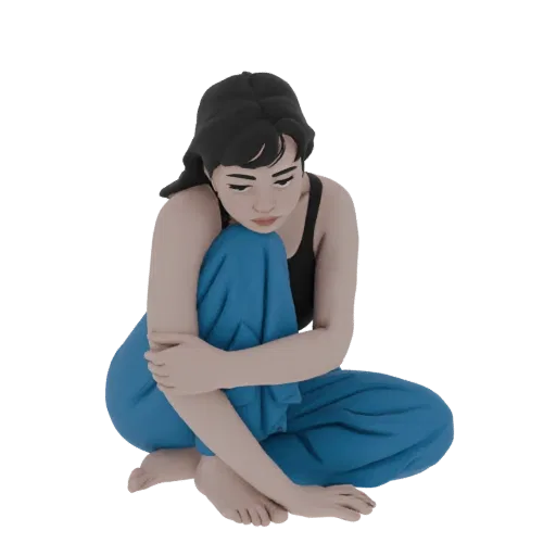 3D model of a young woman with dark hair, wearing a black tank top and blue pants, crouching with her head bowed and arms wra