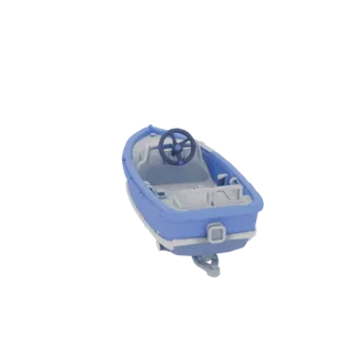 Modelo 3D de barco infantil azul com leme, vista lateral, sobre fundo branco