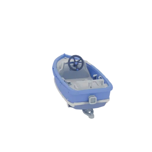3D model of a blue kids boat with steering wheel, side view, on a white background