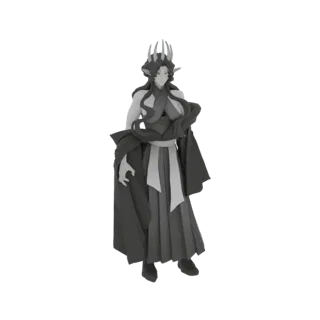 3D model of a Dark Elf Sorceress with a crown and dark, flowing robes, rendered in grayscale.