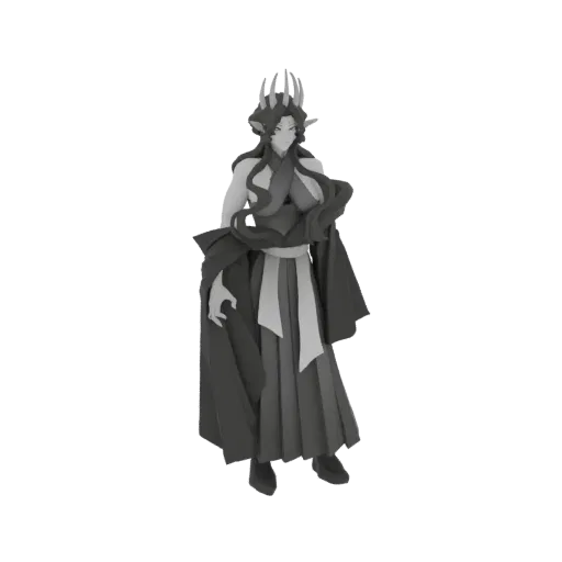3D model of a Dark Elf Sorceress with a crown and dark, flowing robes, rendered in grayscale.