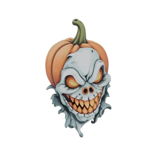 Modèle 3D d'un monstre à tête de citrouille effrayante avec des yeux orange lumineux et des dents acérées, sur fond blanc.