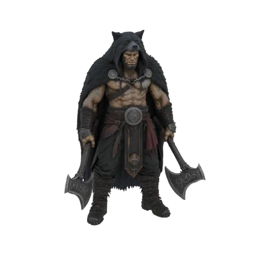 A 3D render of a muscular Viking warrior wearing a bear hood and holding two detailed battle axes, standing against a black b