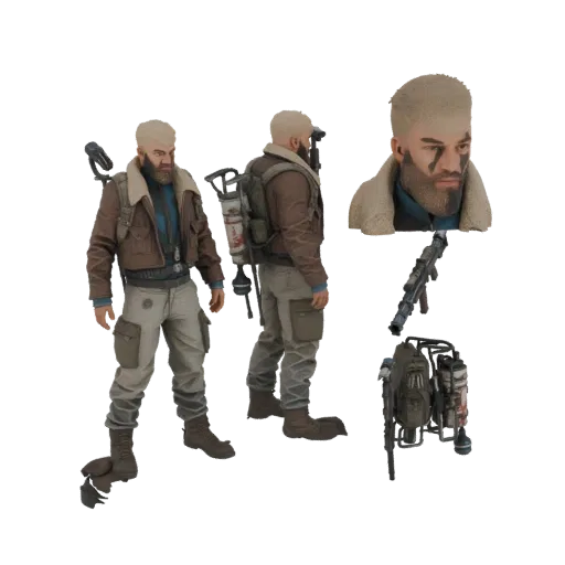 3D model of a post-apocalyptic survivor with a backpack and rifle, shown from multiple angles and as a separate head.