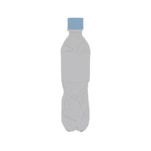 3D model of a crushed, translucent-like plastic water bottle with a blue cap, isolated on a white background.