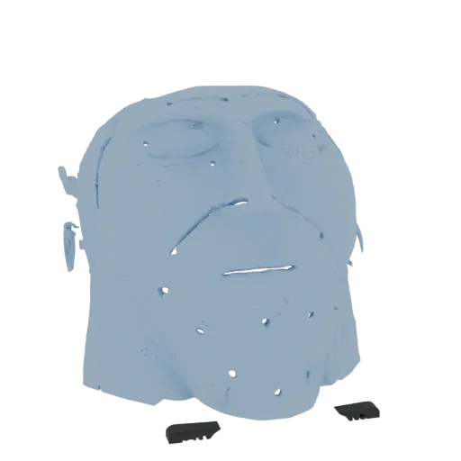 Um modelo 3D abstrato azul claro de uma cabeça humana com perfurações texturizadas e características faciais estilizadas, apo
