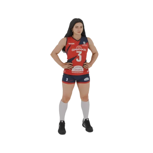 3D model of a female volleyball player in a red and blue uniform with the number 3, standing with hands on hips.