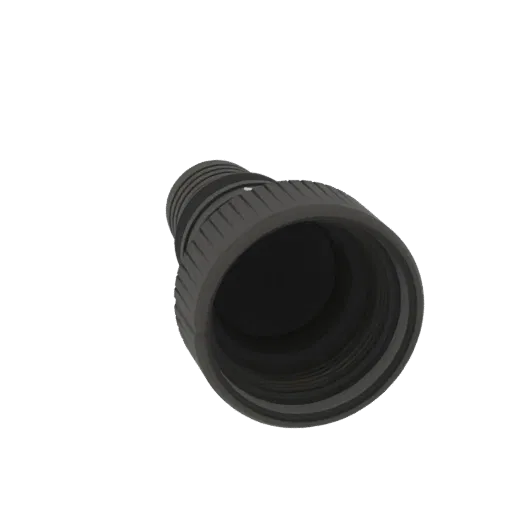 A 3D render of a dark gray threaded lens cap with a distinct ribbed grip, shown from a slightly elevated angle against a black background.