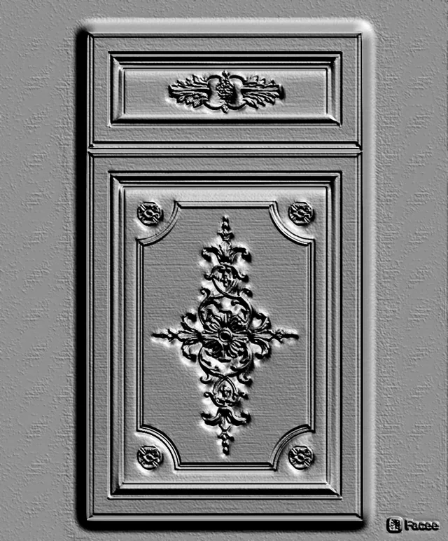 3D model of a classic bas-relief with an exquisite floral ornament, rendered in engraving style.