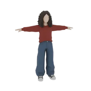 3D model of a woman with curly dark hair, wearing a red sweater and blue wide-leg jeans, in a T-pose.