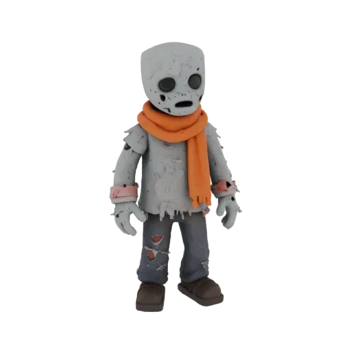 3D model of a zombie in torn clothes with a bright orange scarf, standing on a black background.