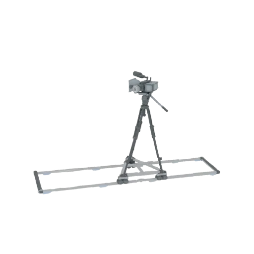 3D model of a professional video camera on a tripod with a dolly, set against a white background.