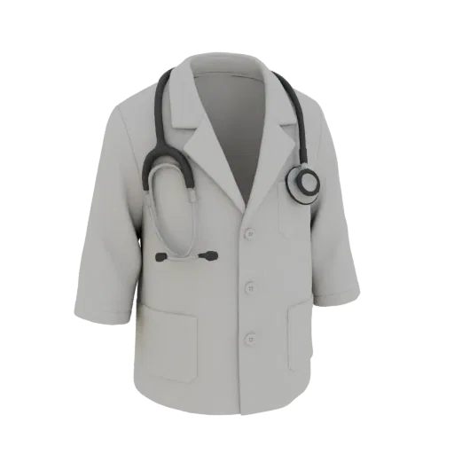 3D model of a white doctor's lab coat with a black stethoscope draped around the collar, presented on a black background.