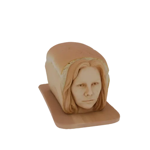 3D model of a woman's face carved into a loaf of bread, resting on a wooden cutting board.
