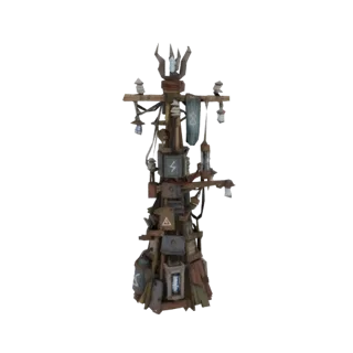 3D model of a tall, weathered wooden totem covered in runes, lightning bolts, and warning symbols, with dangling charms and l