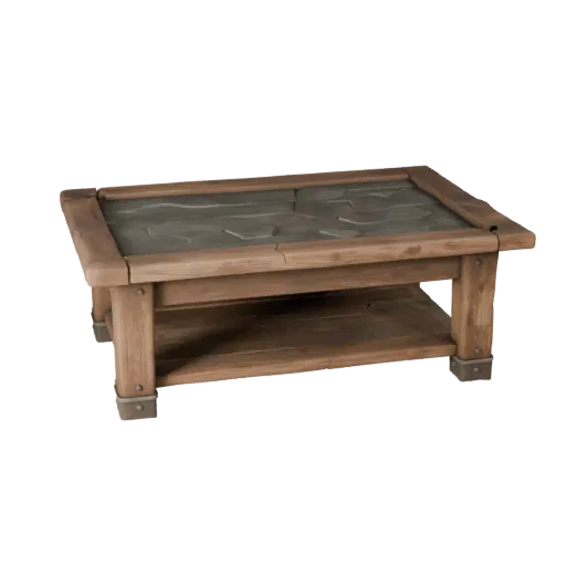 Rustic Coffee Table 3D model, living room, three-quarter front view, Unity viewport, wood grain detail.