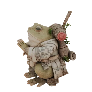 3D model of a frog monk in prayer, wearing robes and carrying a staff and pack, with intricate details.