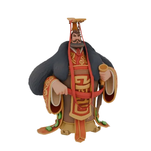 3D model of a stylized Emperor figure wearing a red and gold robe and a fur-lined cloak, holding a golden object.