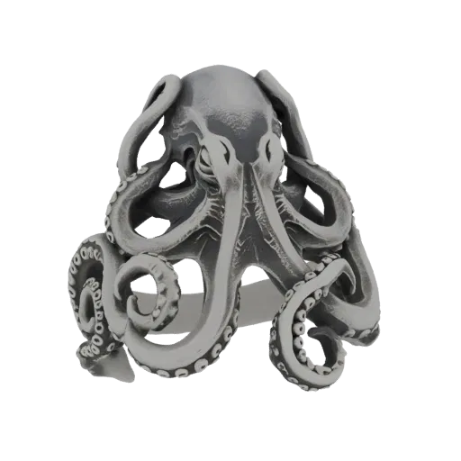 A 3D render of a detailed silver-colored ring shaped like an octopus, with tentacles wrapping around the band.