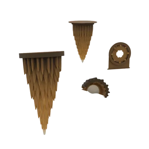3D render of a cone-shaped shelf with layered scale-like details and mechanical gear accents, presented on a white background