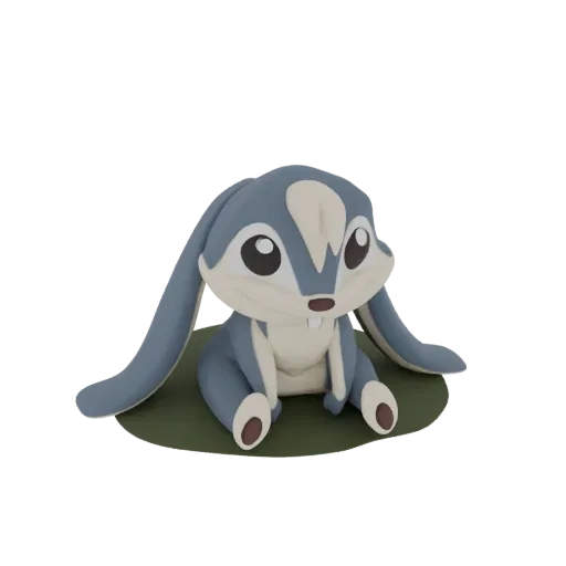 Render 3D de un conejito azul lindo con orejas largas sentado sobre una base de hierba verde, aislado sobre un fondo blanco.