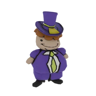 Modello 3D di un gentiluomo robusto e sorridente con abito viola, camicia bianca, cravatta verde e cappello a cilindro viola