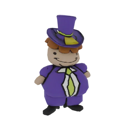 3D model of a chubby, smiling gentleman wearing a purple suit, white shirt, green tie, and a purple top hat with a yellow ban