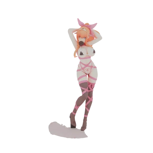 3D model of an anime girl with orange hair, wearing pink ribbon lingerie and thigh-highs, in a playful pose.