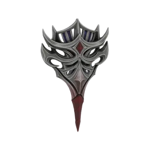 3D-Modell einer dunklen, verzierten gotischen Maske mit scharfen Kanten, komplexen Mustern und einem zentralen roten Edelstei