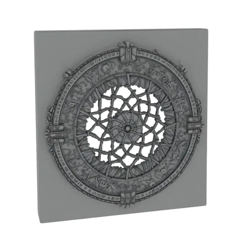 3D model of a circular portal with intricate lattice work and decorative carvings, rendered in grayscale.
