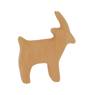 Un modello 3D di una silhouette di capra stilizzata con una visibile texture venatura legno, in piedi su sfondo bianco.