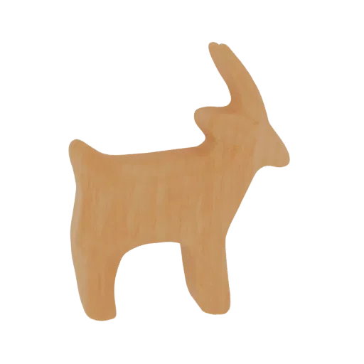 Un modello 3D di una silhouette di capra stilizzata con una visibile texture venatura legno, in piedi su sfondo bianco.