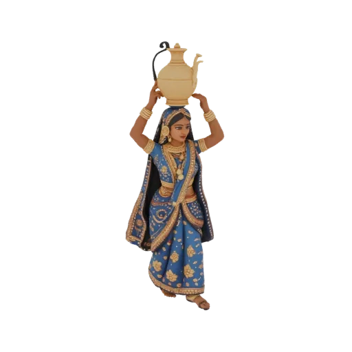 3D-Modell einer indischen Frau in einem blau-goldenen Sari mit Wasserkanne auf dem Kopf, detaillierte traditionelle Kleidung.