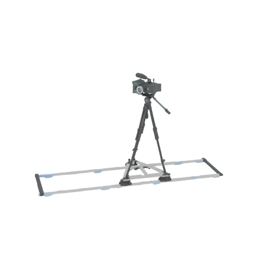 3D model of a professional video camera on a tripod, placed on a slider dolly track against a white background.