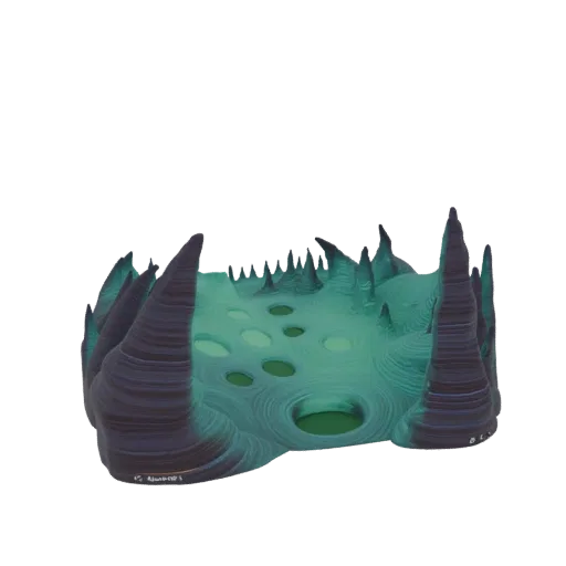 3D model of an alien swamp terrain with glowing green pools and dark, spiky rock formations.