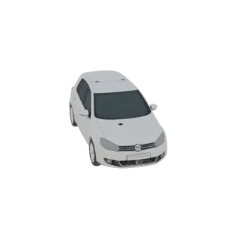 Ein 3D-Modell eines weißen Volkswagen Golf Hatchbacks, von leicht erhöhtem frontalen linken Winkel aus gesehen, vor einem sch